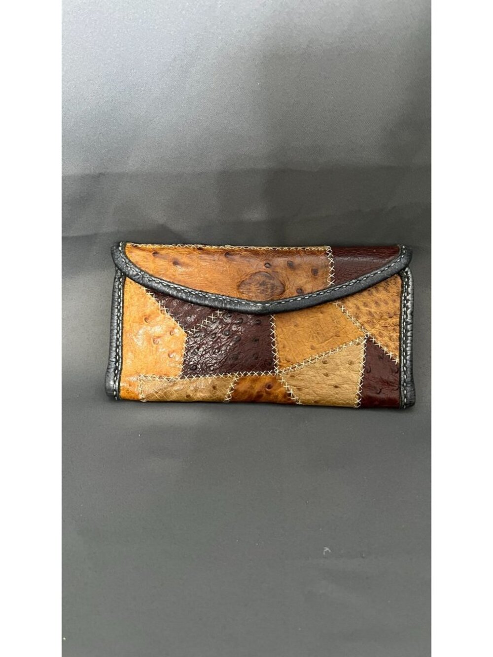 Vintage Patchwork Leather Wallet With Ostrich Textured Panels & Snap Closure